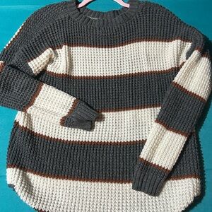 SO Women's Striped Crew Neck Sweater - Gray, Cream, and Brown